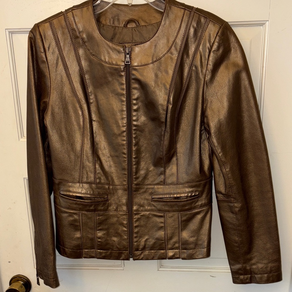 Bernardo Vintage Y2K Collarless Leather Jacket in Shimmering Bronze Brown